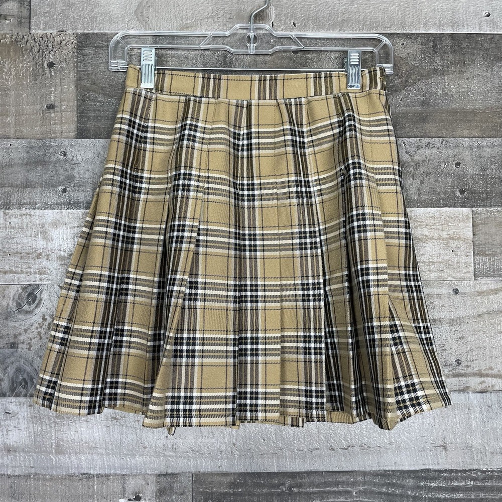 Wild Fable School Girl Skirt Size XS Plaid Pleated Gold Brown Elastic‎ Waist